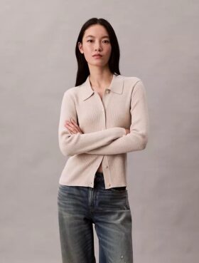 Cardigan côtelé en laine mérinos mélangée à du lurex