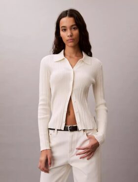 Cardigan polo en coton côtelé lisse