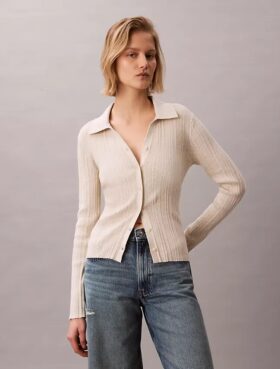 Cardigan polo en coton côtelé lisse