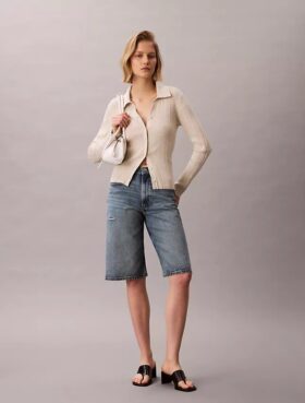 Cardigan polo en coton côtelé lisse