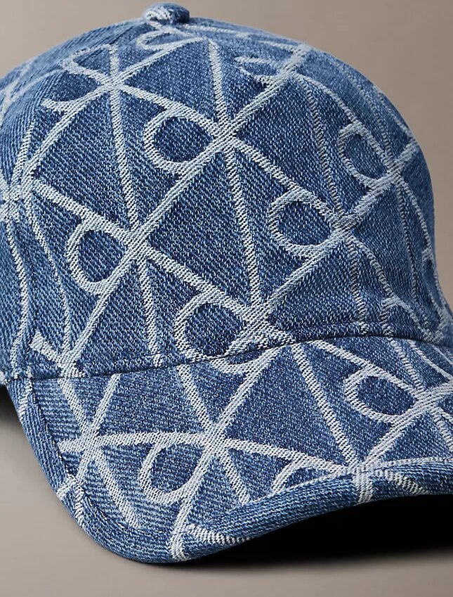 Casquette de baseball en Denim avec logo emblématique sur toute la surface Casquette de baseball en Denim avec logo emblématique sur toute la surface