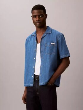 Chemise boutonnée en denim mélangé lin