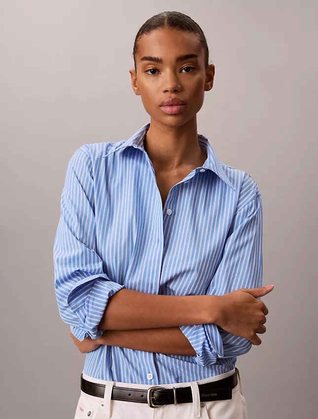 Chemise boutonnée en popeline de coton à rayures et logo Chemise boutonnée en popeline de coton à rayures et logo