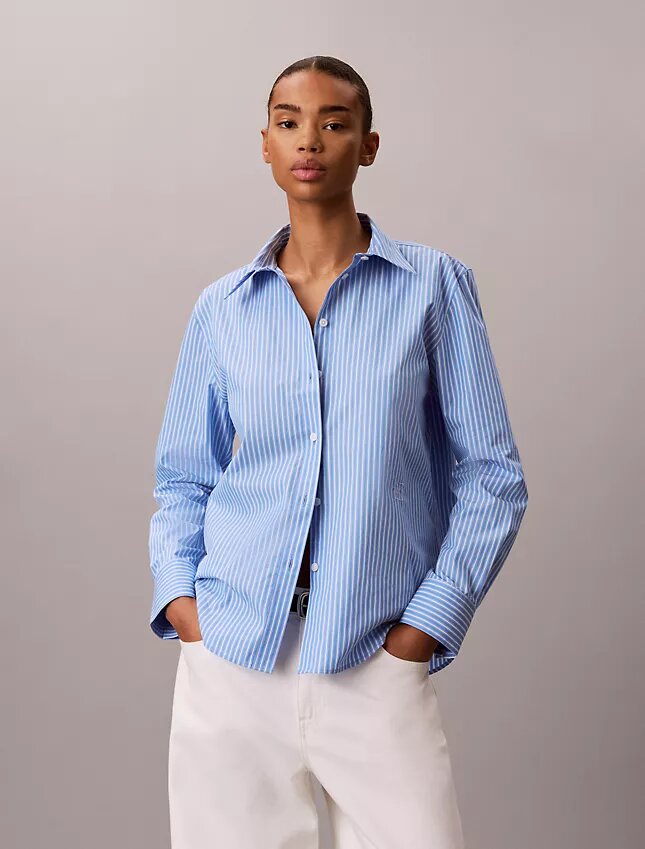 Chemise boutonnée en popeline de coton à rayures et logo Chemise boutonnée en popeline de coton à rayures et logo