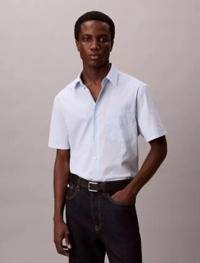 Chemise boutonnée à manches courtes en Cotton Stretch à rayures