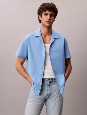 Chemise à manches courtes boutonnée en lin et coton