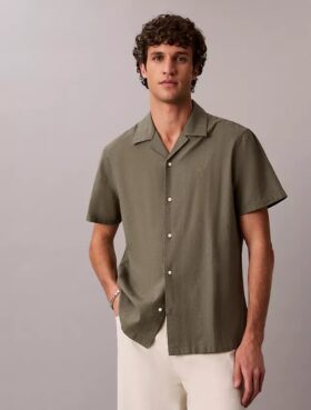 Chemise à manches courtes boutonnée en lin et coton
