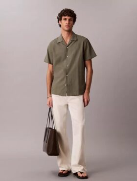 Chemise à manches courtes boutonnée en lin et coton