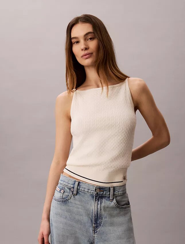 Débardeur en maille torsadée avec patch Monologo tissé Débardeur en maille torsadée avec patch Monologo tissé