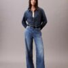 Jeans à jambes larges en mélange de lin