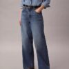 Jeans à jambes larges en mélange de lin