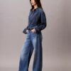 Jeans à jambes larges en mélange de lin