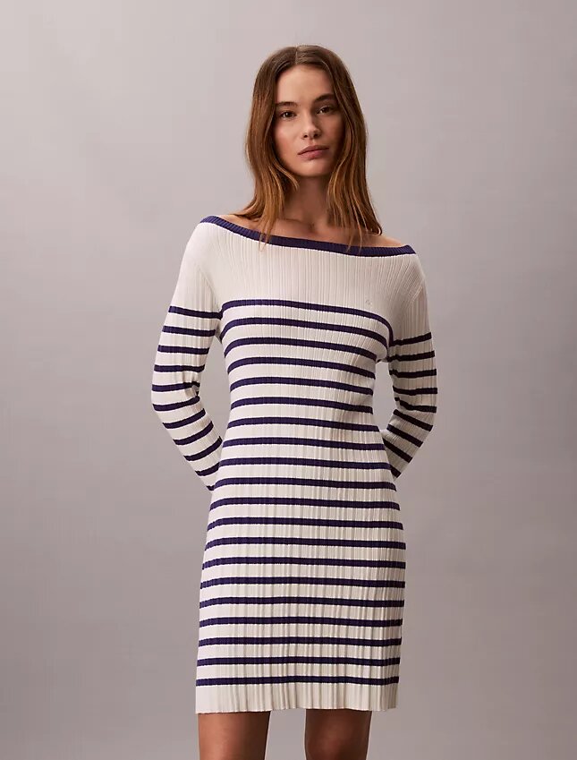 Mini-robe à rayures, manches longues et côtes Mini-robe à rayures, manches longues et côtes