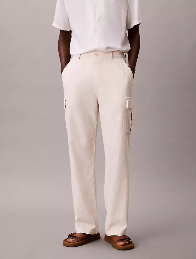 Pantalon cargo droit décontracté en lin et coton Pantalon cargo droit décontracté en lin et coton