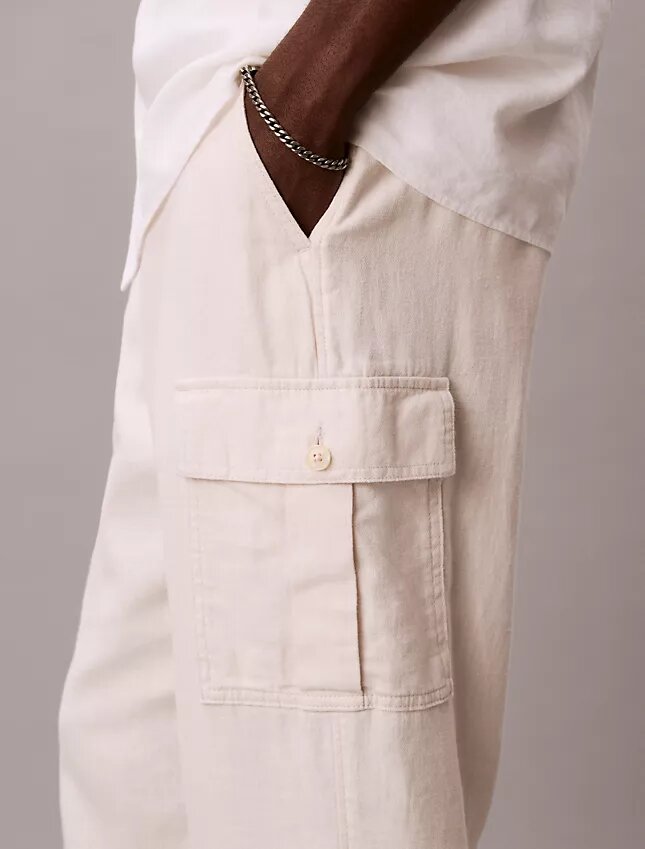 Pantalon cargo droit décontracté en lin et coton Pantalon cargo droit décontracté en lin et coton