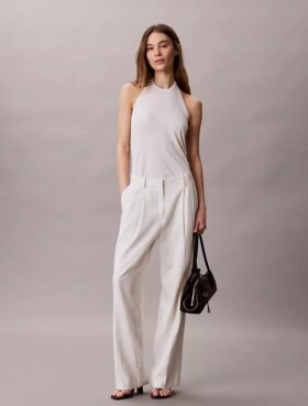 Pantalon large ajusté en mélange de lin