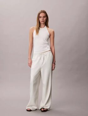 Pantalon large à cordon de serrage en mélange de lin