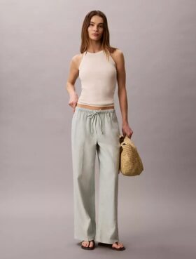 Pantalon large à cordon de serrage en mélange de lin