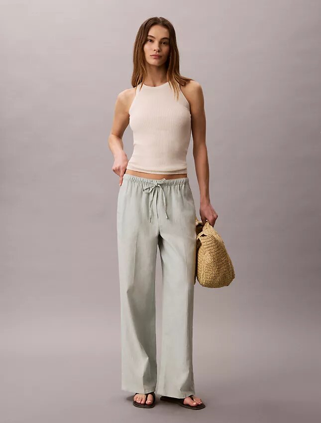 Pantalon large à cordon de serrage en mélange de lin Pantalon large à cordon de serrage en mélange de lin