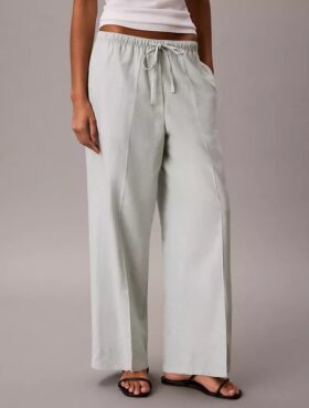 Pantalon large à cordon de serrage en mélange de lin