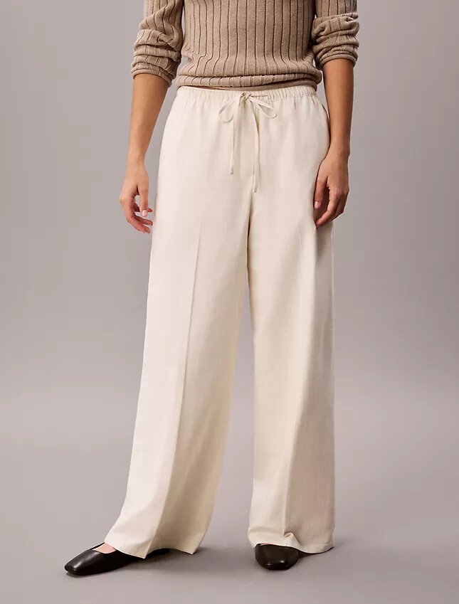 Pantalon large à cordon de serrage en mélange de lin Pantalon large à cordon de serrage en mélange de lin