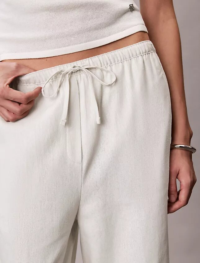 Pantalon large à cordon de serrage en mélange de lin Pantalon large à cordon de serrage en mélange de lin