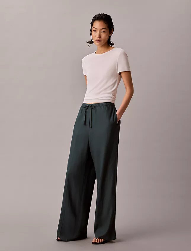 Pantalon large à cordon de serrage en mélange de lin Pantalon large à cordon de serrage en mélange de lin