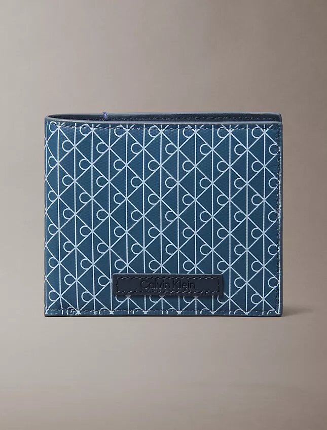 Portefeuille à deux volets avec logo emblématique sur toute la surface et pochette à monnaie Portefeuille à deux volets avec logo emblématique sur toute la surface et pochette à monnaie