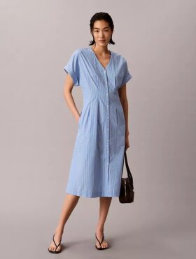 Robe mi-longue en popeline de coton à rayures