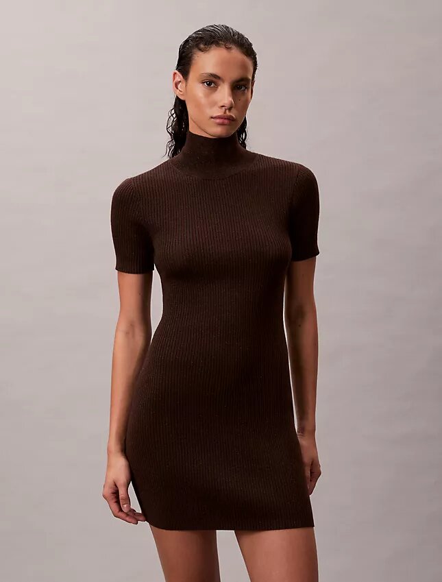 Robe-pull en maille côtelée mélange laine mérinos et lurex Robe-pull en maille côtelée mélange laine mérinos et lurex