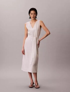 Robe sans manches à col en V et ceinture en mélange de lin