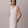 Robe sans manches à col en V et ceinture en mélange de lin Robe sans manches à col en V et ceinture en mélange de lin