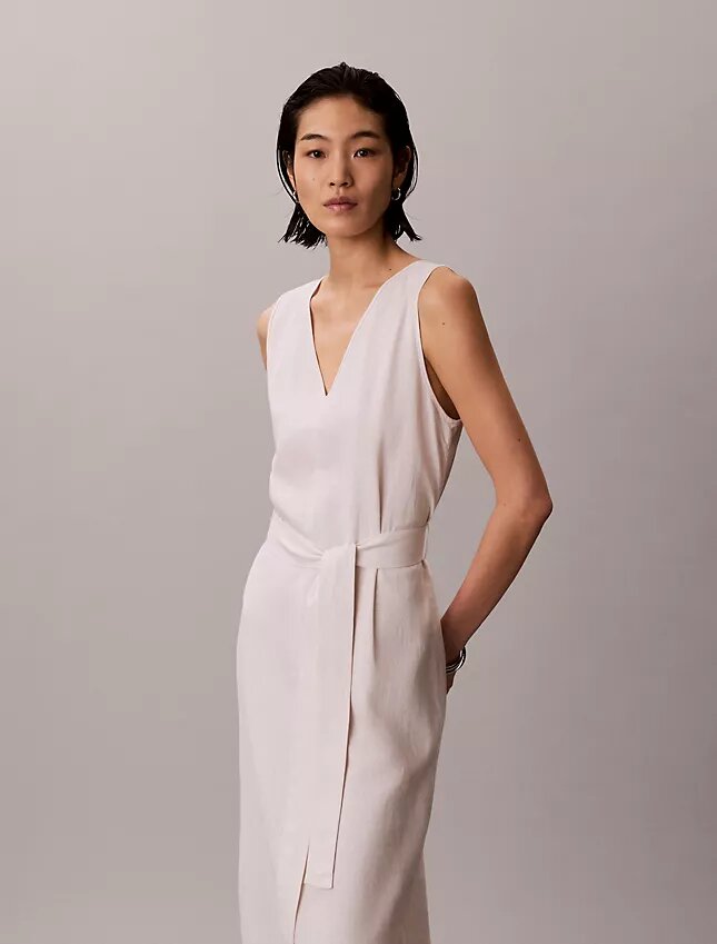 Robe sans manches à col en V et ceinture en mélange de lin Robe sans manches à col en V et ceinture en mélange de lin